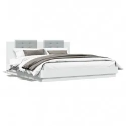 Рамка за легло с табла и LED осветление, бяла, 180x200 см
