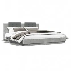 Рамка за легло с табла и LED осветление бетонно сив 180x200 см