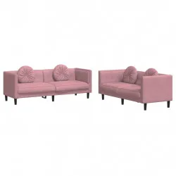 Комплект дивани от 2 части с възглавници, розов, кадифе