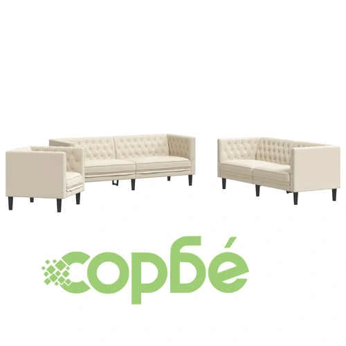 Комплект диван от 3 части Chesterfield Cream Faux Leather ➤ топ цена ➤ sorbe.bg