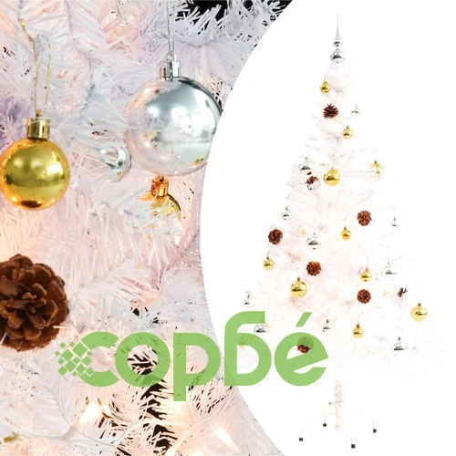 Изкуствена готова осветена коледна елха с топки бяла 150 см ➤ топ цена ➤ sorbe.bg