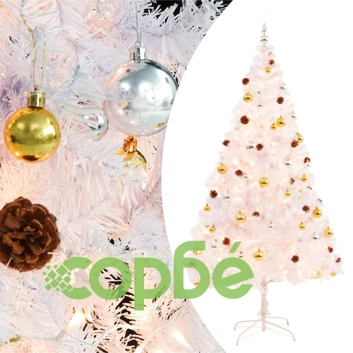Изкуствена готова осветена коледна елха с топки бяла 210 см ➤ топ цена ➤ sorbe.bg