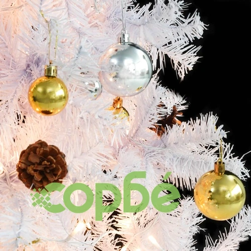 Изкуствена готова осветена коледна елха с топки бяла 210 см ➤ топ цена ➤ sorbe.bg