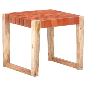 Табуретка светлокафява естествена кожа и мангово дърво масив