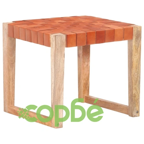 Табуретка светлокафява естествена кожа и мангово дърво масив ➤ топ цена ➤ sorbe.bg