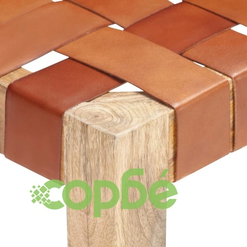 Табуретка светлокафява естествена кожа и мангово дърво масив ➤ топ цена ➤ sorbe.bg