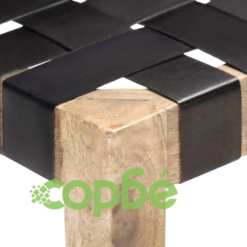 Табуретка, черна, естествена кожа и мангово дърво масив ➤ топ цена ➤ sorbe.bg