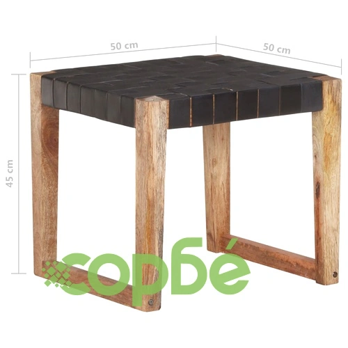 Табуретка, черна, естествена кожа и мангово дърво масив ➤ топ цена ➤ sorbe.bg