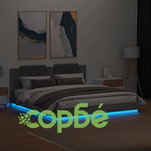 Рамка за легло с табла и LED осветление, сив сонома, 160x200 см ➤ топ цена ➤ sorbe.bg