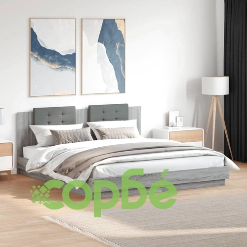 Рамка за легло с табла и LED осветление, сив сонома, 160x200 см ➤ топ цена ➤ sorbe.bg