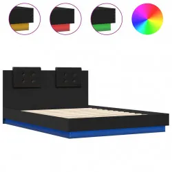 Рамка за легло с табла и LED осветление, черна, 150x200 см
