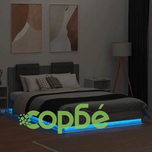 Рамка за легло с табла и LED осветление, сив сонома, 150x200 см ➤ топ цена ➤ sorbe.bg