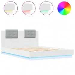 Рамка за легло с табла и LED осветление, бяла, 140x200 см