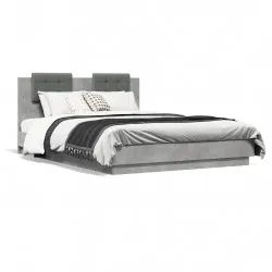 Рамка за легло с табла и LED осветление бетонно сив 140x200 см