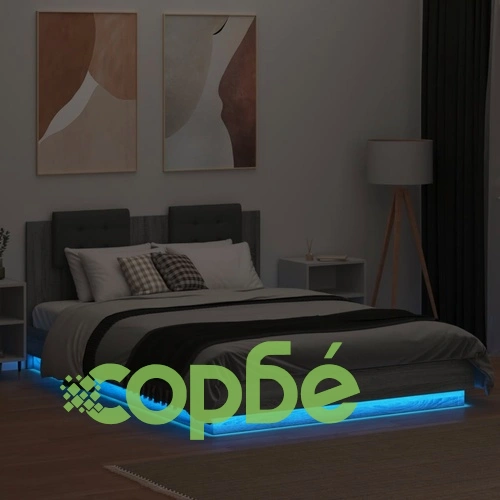Рамка за легло с табла и LED осветление, сив сонома, 140x200 см ➤ топ цена ➤ sorbe.bg