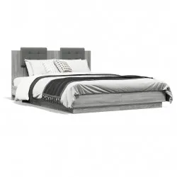 Рамка за легло с табла и LED осветление, сив сонома, 140x200 см