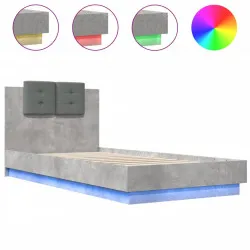 Рамка за легло с табла и LED осветление, бетонно сив, 100x200см