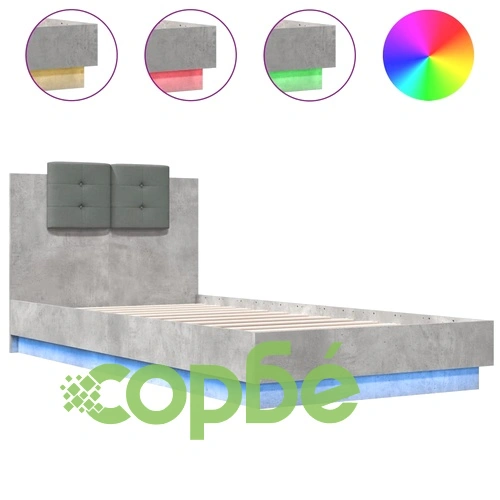 Рамка за легло с табла и LED осветление, бетонно сив, 100x200см ➤ топ цена ➤ sorbe.bg