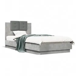 Рамка за легло с табла и LED осветление, бетонно сив, 100x200см