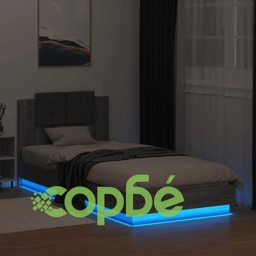 Рамка за легло с табла и LED осветление, сив сонома, 90x200 см ➤ топ цена ➤ sorbe.bg