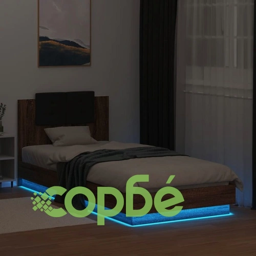 Рамка за легло с табла и LED осветление, кафяв дъб, 90x200 см ➤ топ цена ➤ sorbe.bg