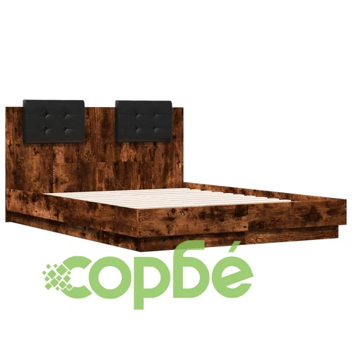 Рамка за легло с табла и LED осветление, опушен дъб, 135x190 см ➤ топ цена ➤ sorbe.bg