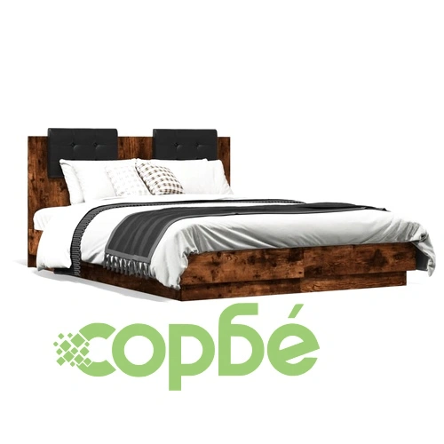 Рамка за легло с табла и LED осветление, опушен дъб, 135x190 см ➤ топ цена ➤ sorbe.bg