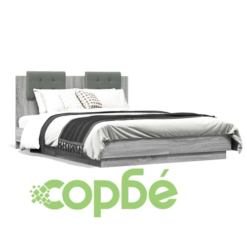 Рамка за легло с табла и LED осветление, сив сонома, 135x190 см ➤ топ цена ➤ sorbe.bg