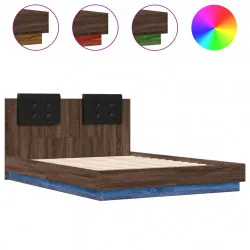 Рамка за легло с табла и LED осветление, кафяв дъб, 135x190 см