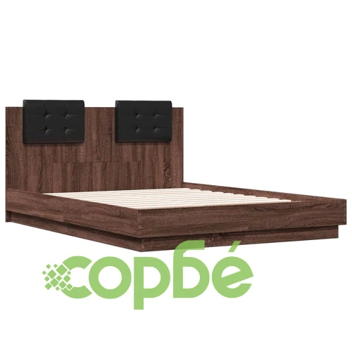 Рамка за легло с табла и LED осветление, кафяв дъб, 135x190 см ➤ топ цена ➤ sorbe.bg