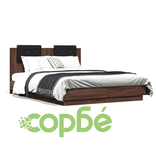 Рамка за легло с табла и LED осветление, кафяв дъб, 135x190 см ➤ топ цена ➤ sorbe.bg