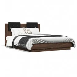 Рамка за легло с табла и LED осветление, кафяв дъб, 120x190 см