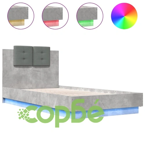 Рамка за легло с табла и LED осветление, бетонно сив, 90x190 см ➤ топ цена ➤ sorbe.bg