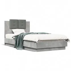Рамка за легло с табла и LED осветление, бетонно сив, 90x190 см