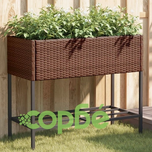 Градински плантери с рафт, 2 бр, кафяв, 90x40x75 см, полиратан ➤ топ цена ➤ sorbe.bg