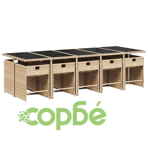 Градински комплект с възглавници, 11 части, бежов полиратан ➤ топ цена ➤ sorbe.bg