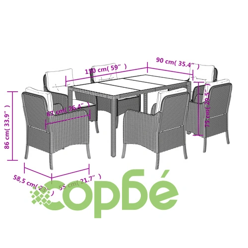 Градински трапезен комплект 7 части с възглавници сив полиратан ➤ топ цена ➤ sorbe.bg