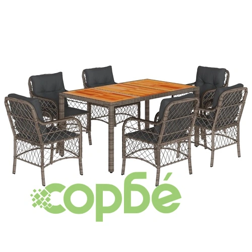 Градински трапезен комплект 7 части с възглавници сив полиратан ➤ топ цена ➤ sorbe.bg