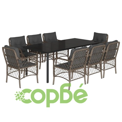 Градински трапезен комплект 9 части с възглавници сив полиратан ➤ топ цена ➤ sorbe.bg