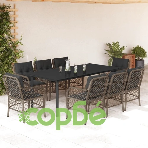Градински трапезен комплект 9 части с възглавници сив полиратан ➤ топ цена ➤ sorbe.bg
