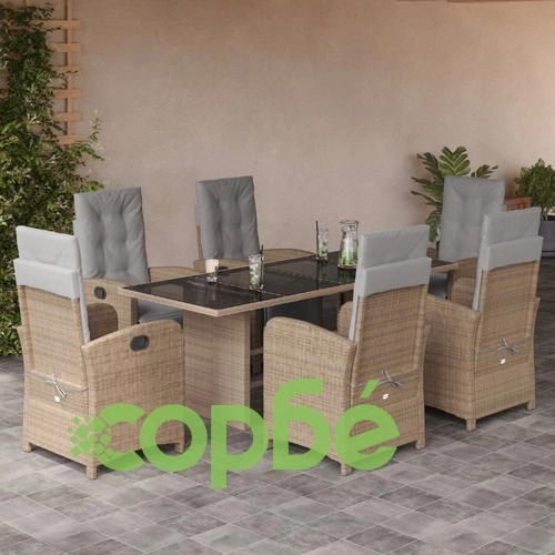 Градински комплект с възглавници, 7 части, бежов полиратан ➤ топ цена ➤ sorbe.bg