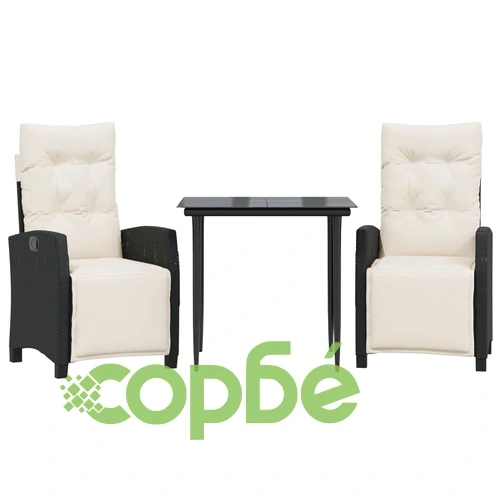 Градински комплект от 3 части с възглавници черни полиратан ➤ топ цена ➤ sorbe.bg