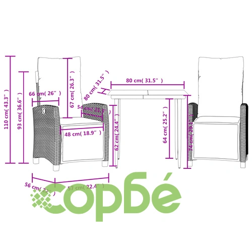 Градински комплект от 3 части с възглавници черни полиратан ➤ топ цена ➤ sorbe.bg