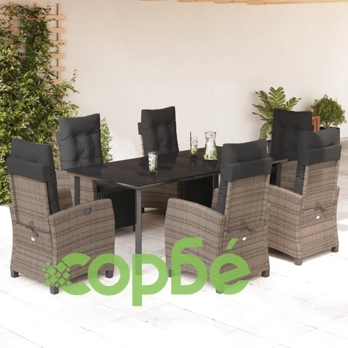 Градински трапезен комплект 7 части с възглавници сив полиратан ➤ топ цена ➤ sorbe.bg