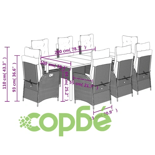 Градински трапезен комплект 9 части с възглавници сив полиратан ➤ топ цена ➤ sorbe.bg