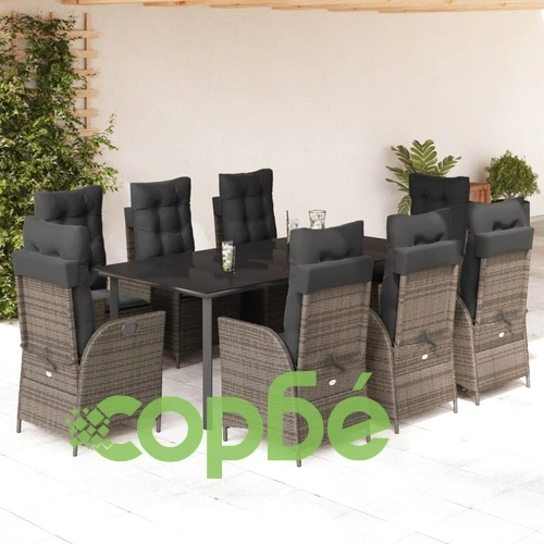 Градински трапезен комплект 9 части с възглавници сив полиратан ➤ топ цена ➤ sorbe.bg