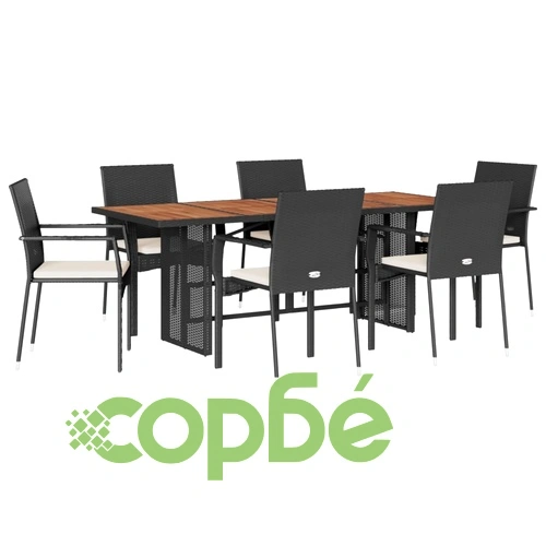 Градински трапезен комплект 7 части възглавници черен полиратан ➤ топ цена ➤ sorbe.bg