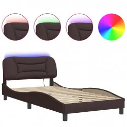 Рамка за легло с LED осветление, тъмнокафява, 100x200 см, плат