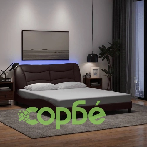 Рамка за легло с LED осветление, тъмнокафява, 160x200 см, плат ➤ топ цена ➤ sorbe.bg
