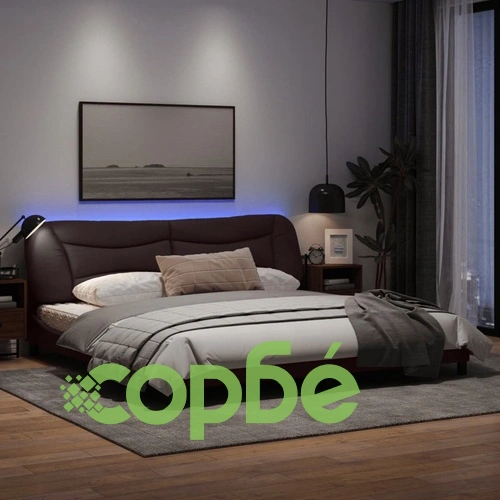 Рамка за легло с LED осветление, тъмнокафява, 200x200 см, плат ➤ топ цена ➤ sorbe.bg